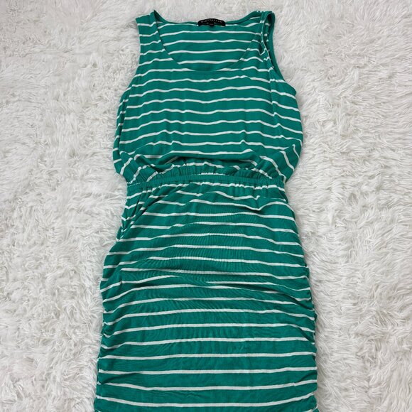 GIBSON Ruched Side Tank Dress Striped Teal Size XXS EUC - Picture 2 of 9